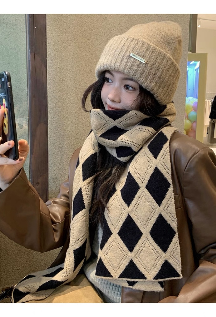 气质菱格-韩系软糯高级复古围巾女冬天保暖网红新款in针织