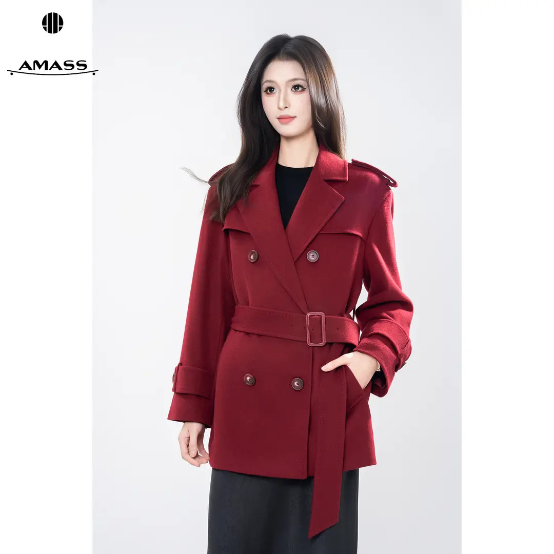 AMASS/阿玛施秋冬新款 540044高级质感复古长款毛呢大衣附腰带