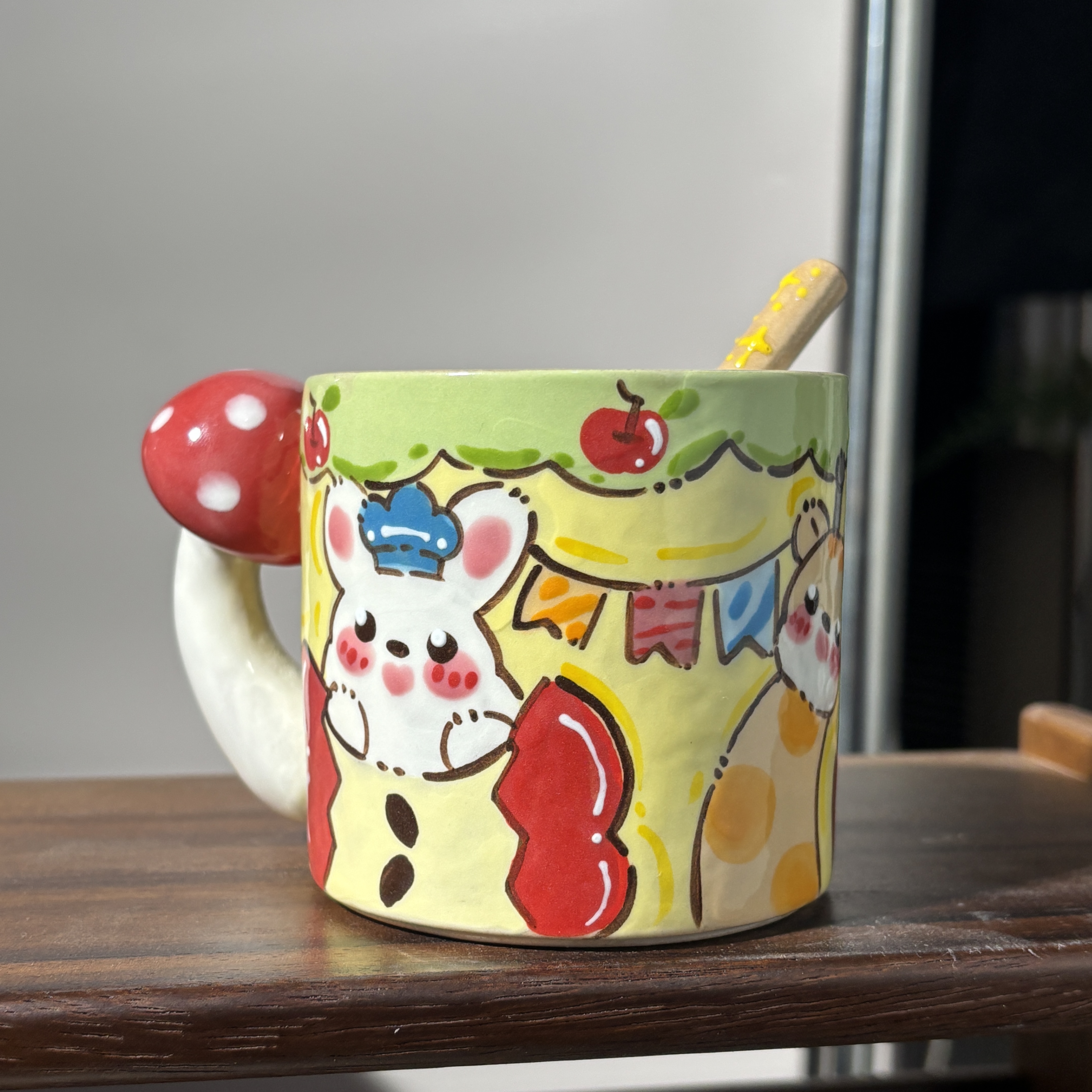 887立体蘑菇把手卡通水杯带勺子