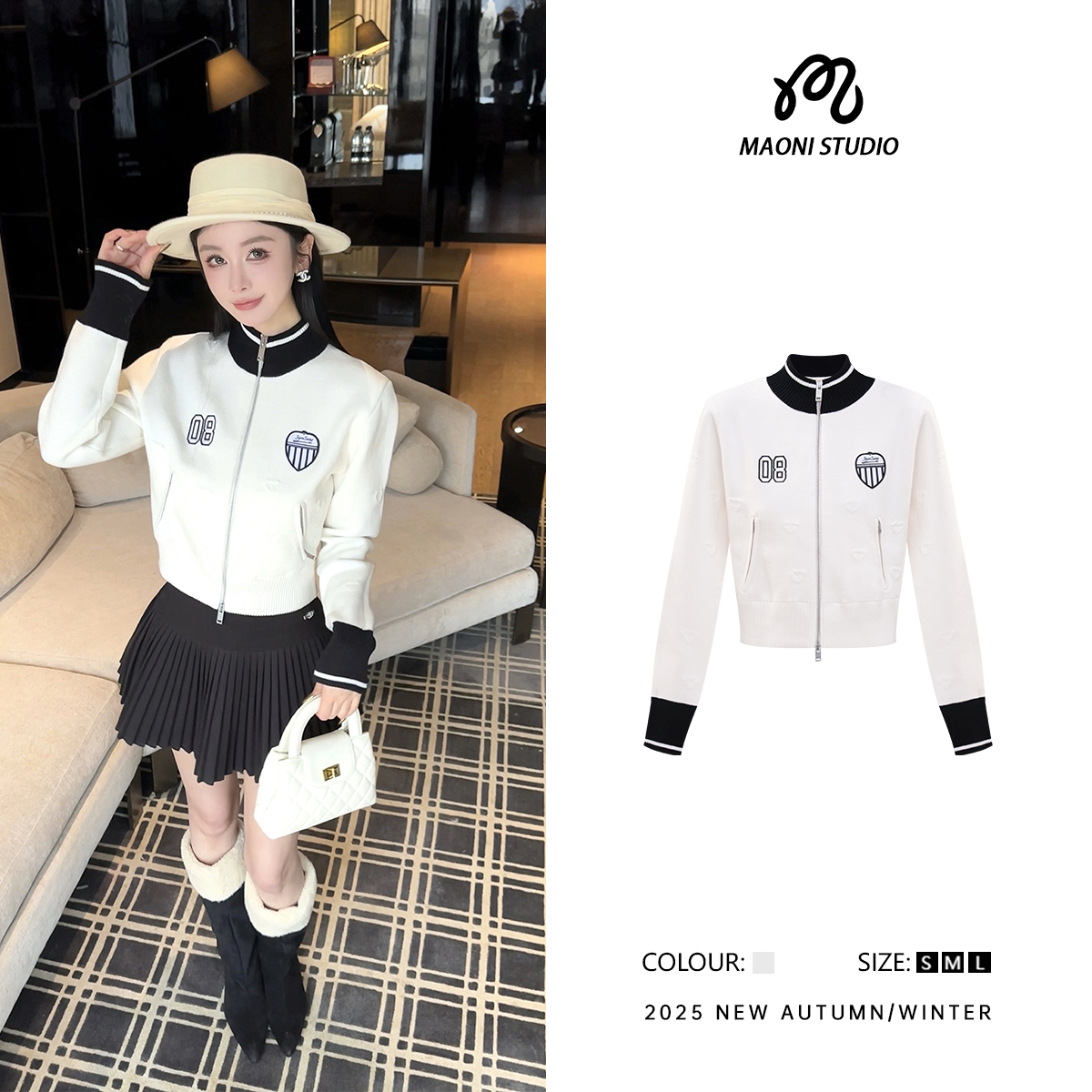 毛妮LADIESFIRST 设计复古甜酷爱心提花撞色棒球服针织外套L2861