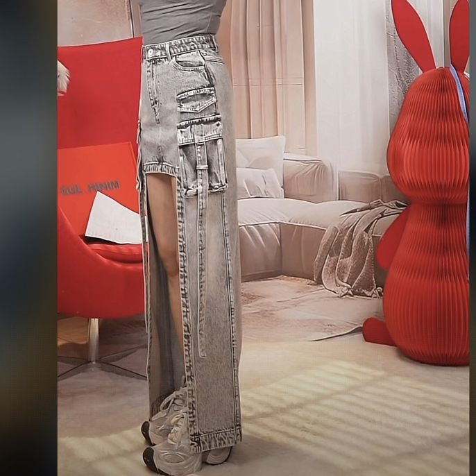 灰色牛仔不规则长裙