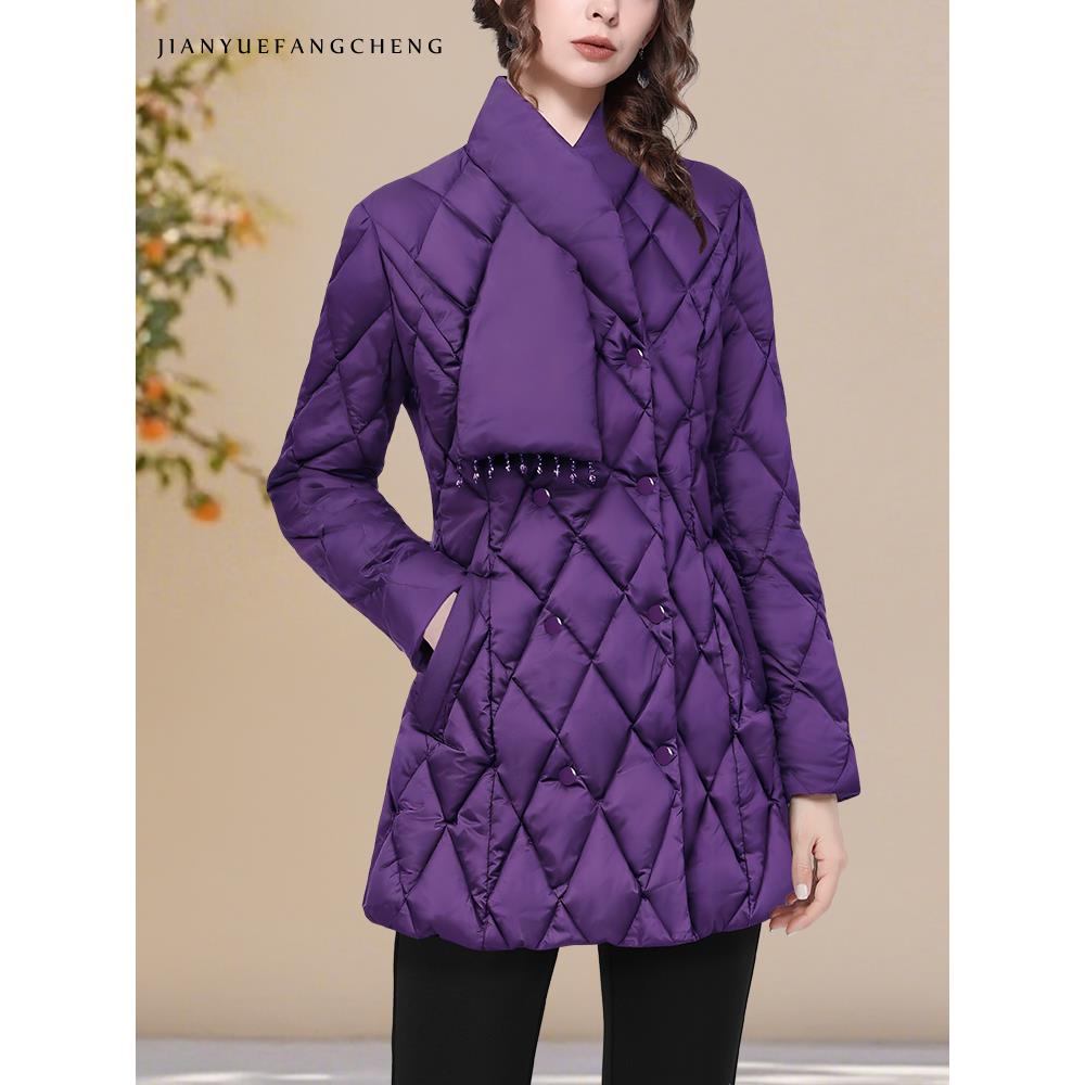 YIHUI伊卉A高级感紫色中长款白鸭绒羽绒服女设计感围脖领WH257231