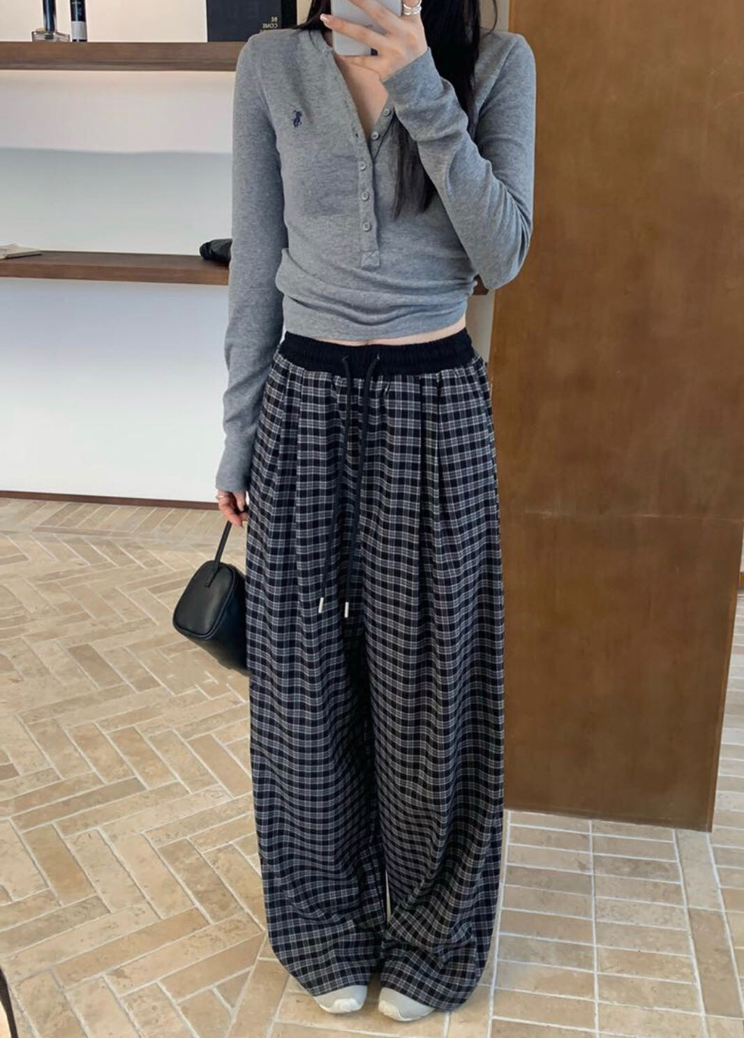 JIEJIE-【格子裤】韩系简约百搭撞色腰头格子休闲裤