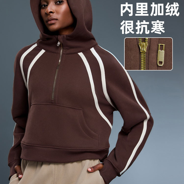 lulu露露首领高领半拉链连帽卫衣女加绒宽松撞色运动百搭休闲外套