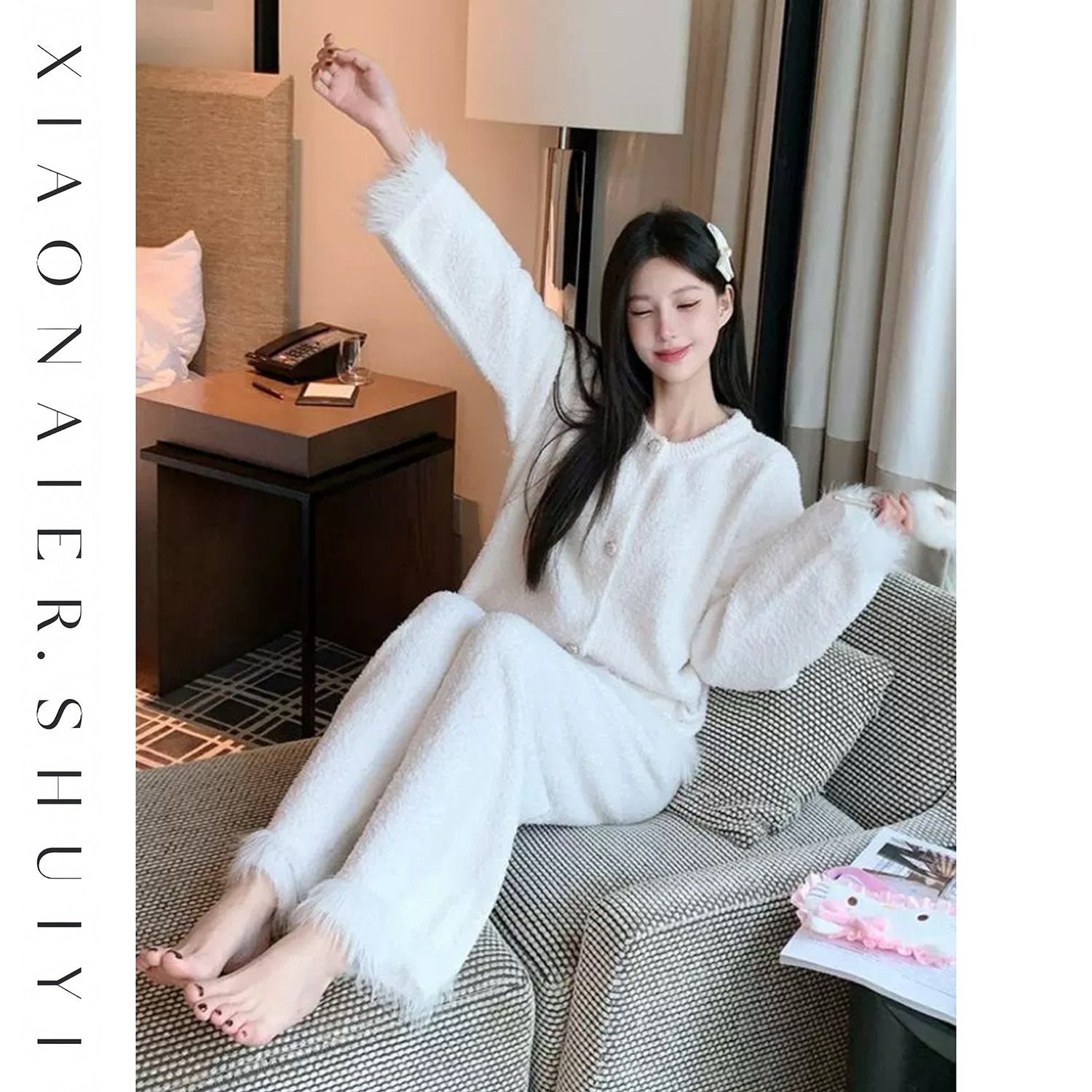 【蔷薇少女】秋冬半边绒长袖长裤显瘦高级气质可外穿套装