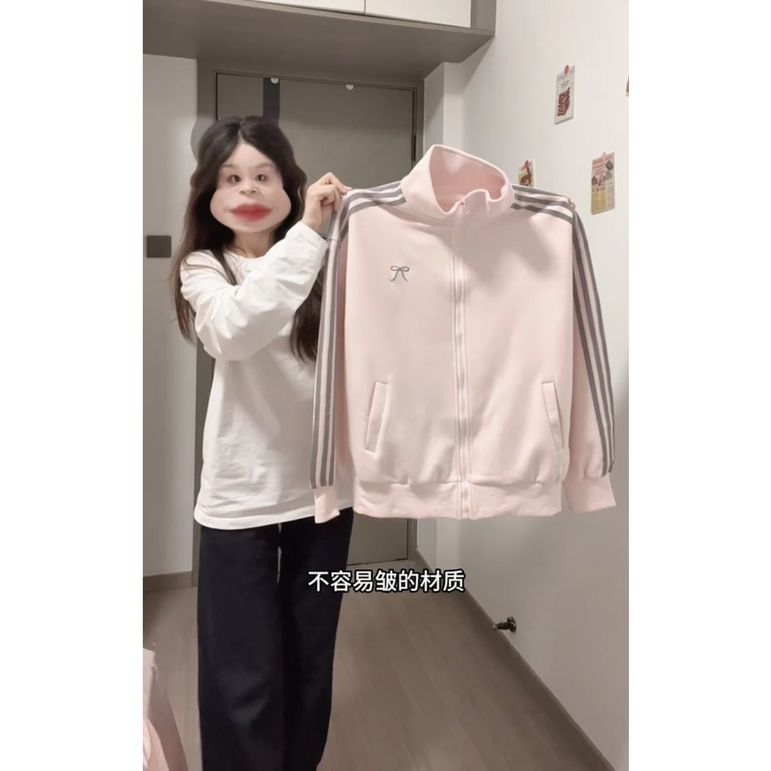 韩系休闲粉色加绒卫衣外套女秋冬季蝴蝶结立领宽松慵懒百搭开衫潮