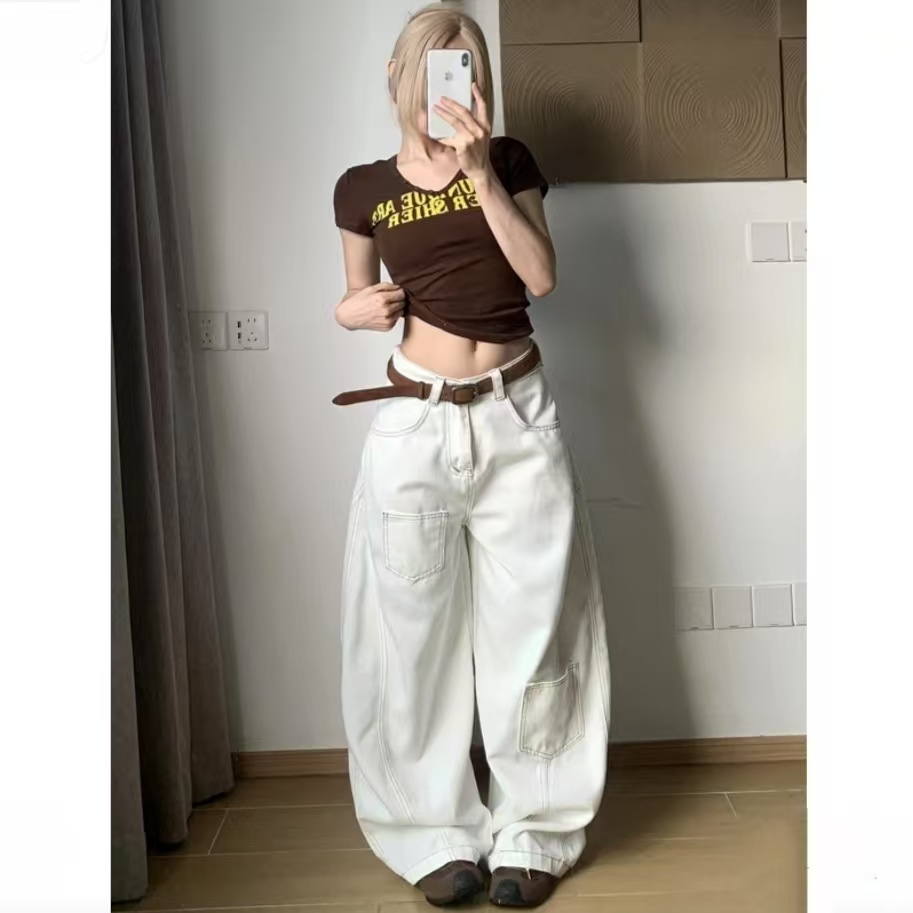 美式高街白色设计感弯刀牛仔裤女春夏新款宽松显瘦高腰阔腿拖地裤