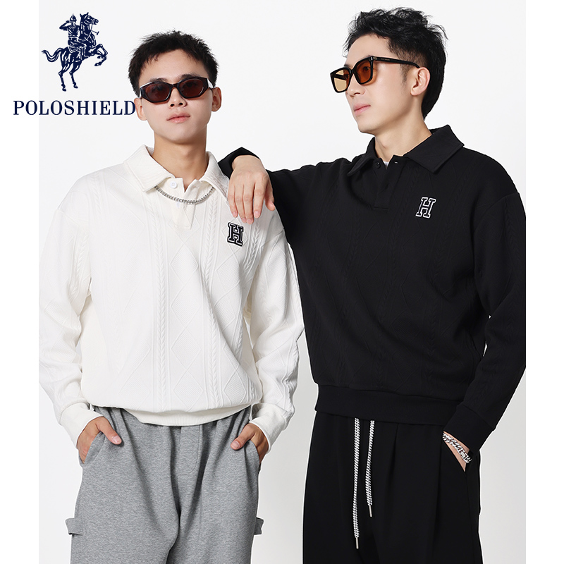 POLOSHIELD保罗希尔德男士春秋季套头卫衣刺绣提花长袖翻领上衣