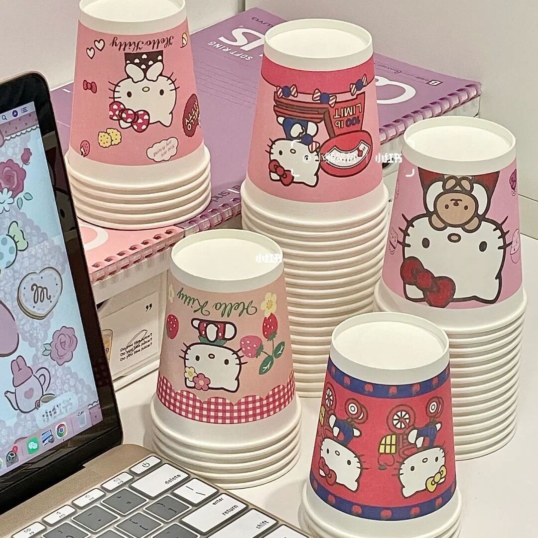 hellokitty纸杯一次纸杯家用卡通家庭咖啡杯加厚不渗漏饮料杯子 