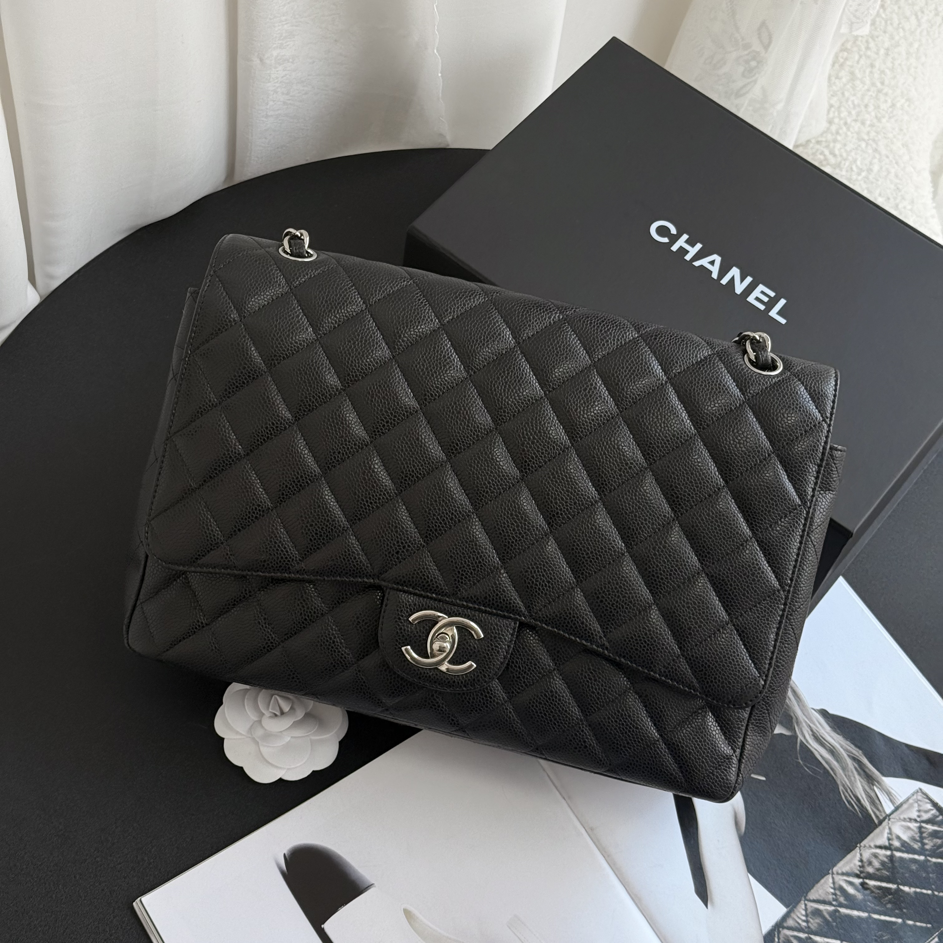 95新 Chanel/香奈儿 香奈儿黑银cf荔枝皮maxi斜挎包 16开带卡 