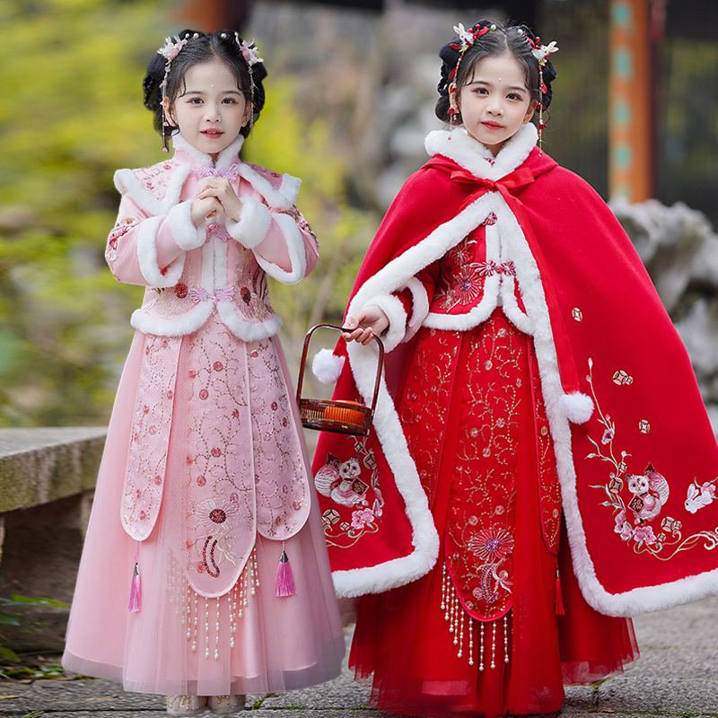 女童汉服冬季加绒超仙中国风古装演出服女孩唐装拜年服新年装加厚
