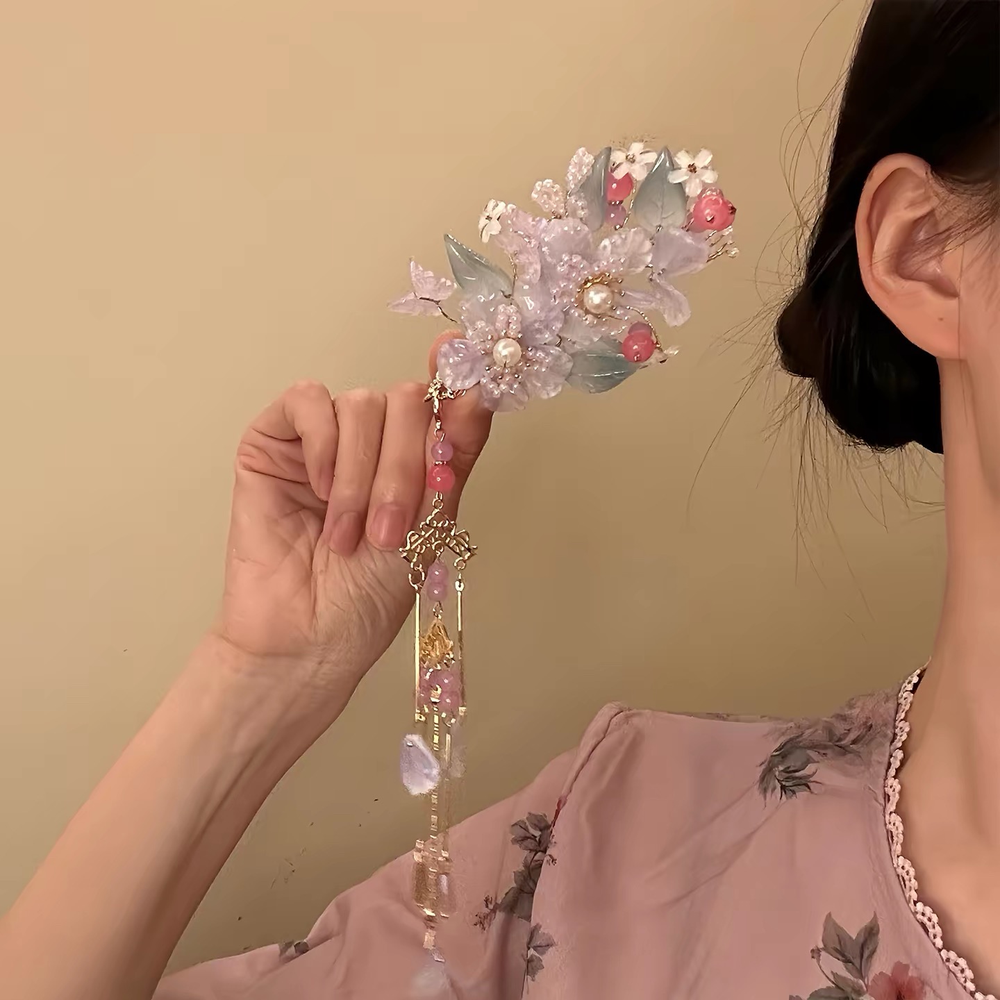 【紫藤花，夹】饰逅家紫色珠花琉璃仙气古风头饰