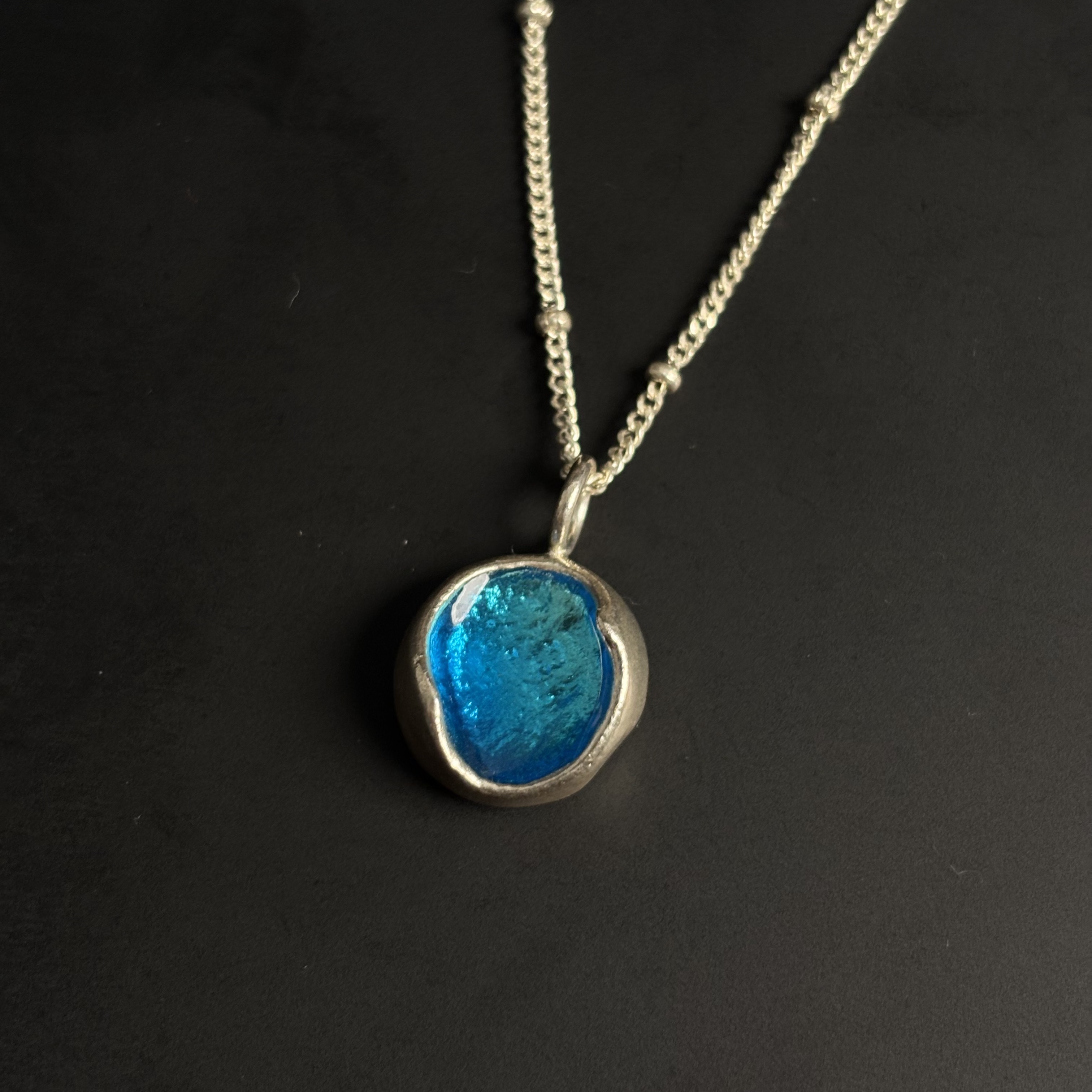 925银珐琅银制品 溶洞中号爱心型海洋项链