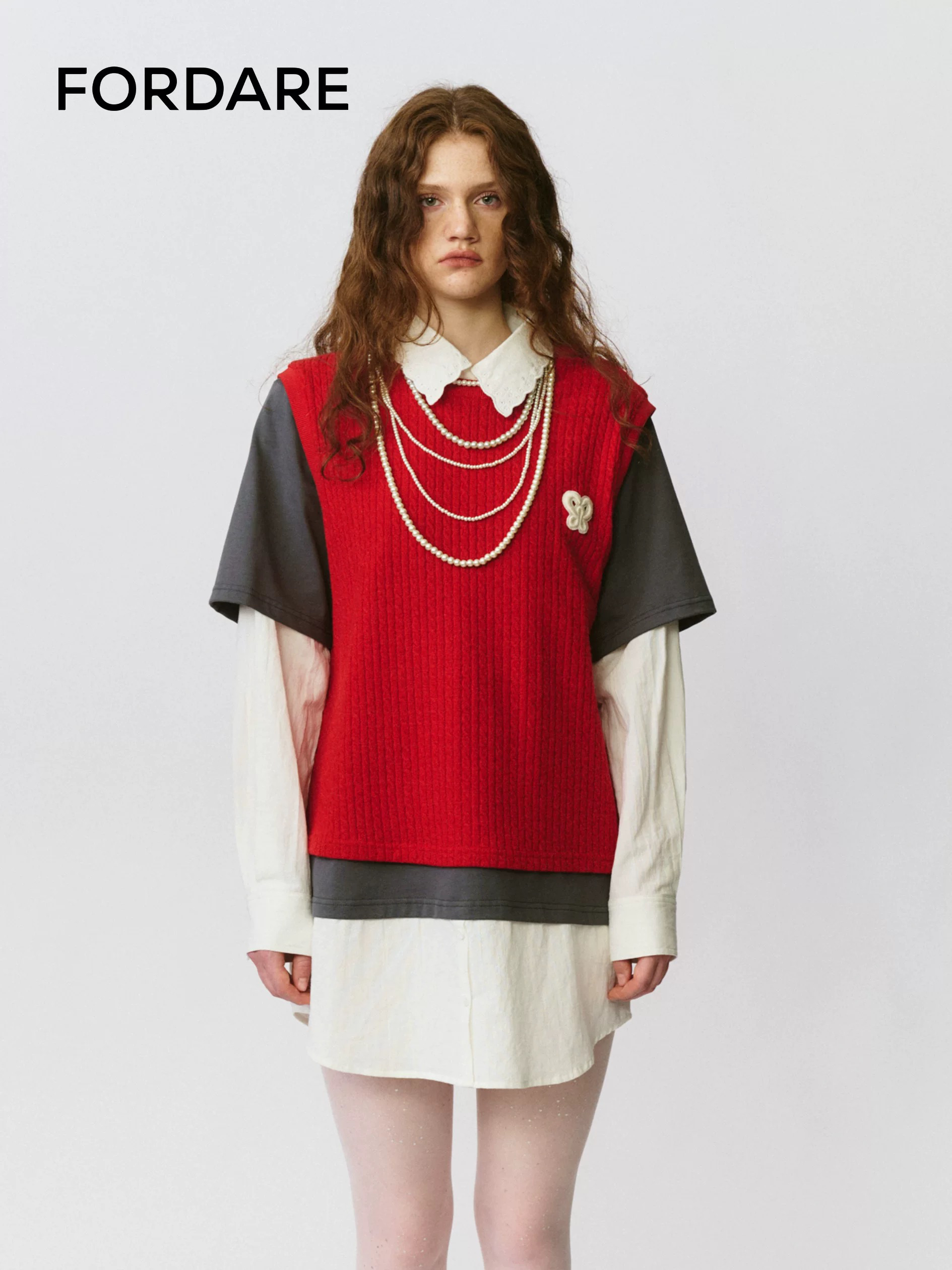 FORDARE 2025毛织背心假两件衬衣连衣裙-1399