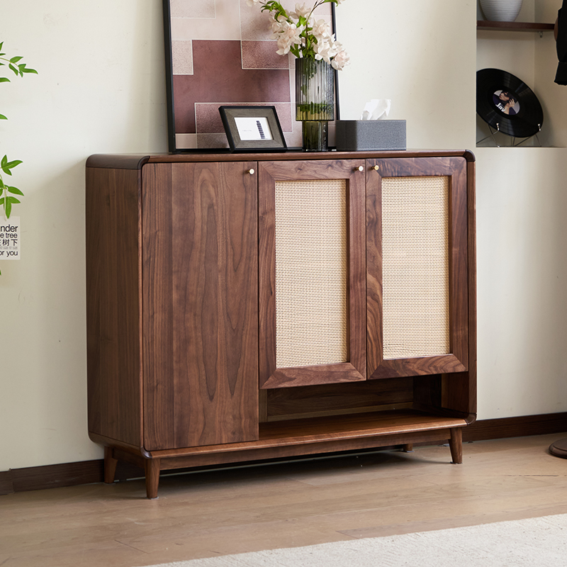 北美黑胡桃实木藤编鞋柜