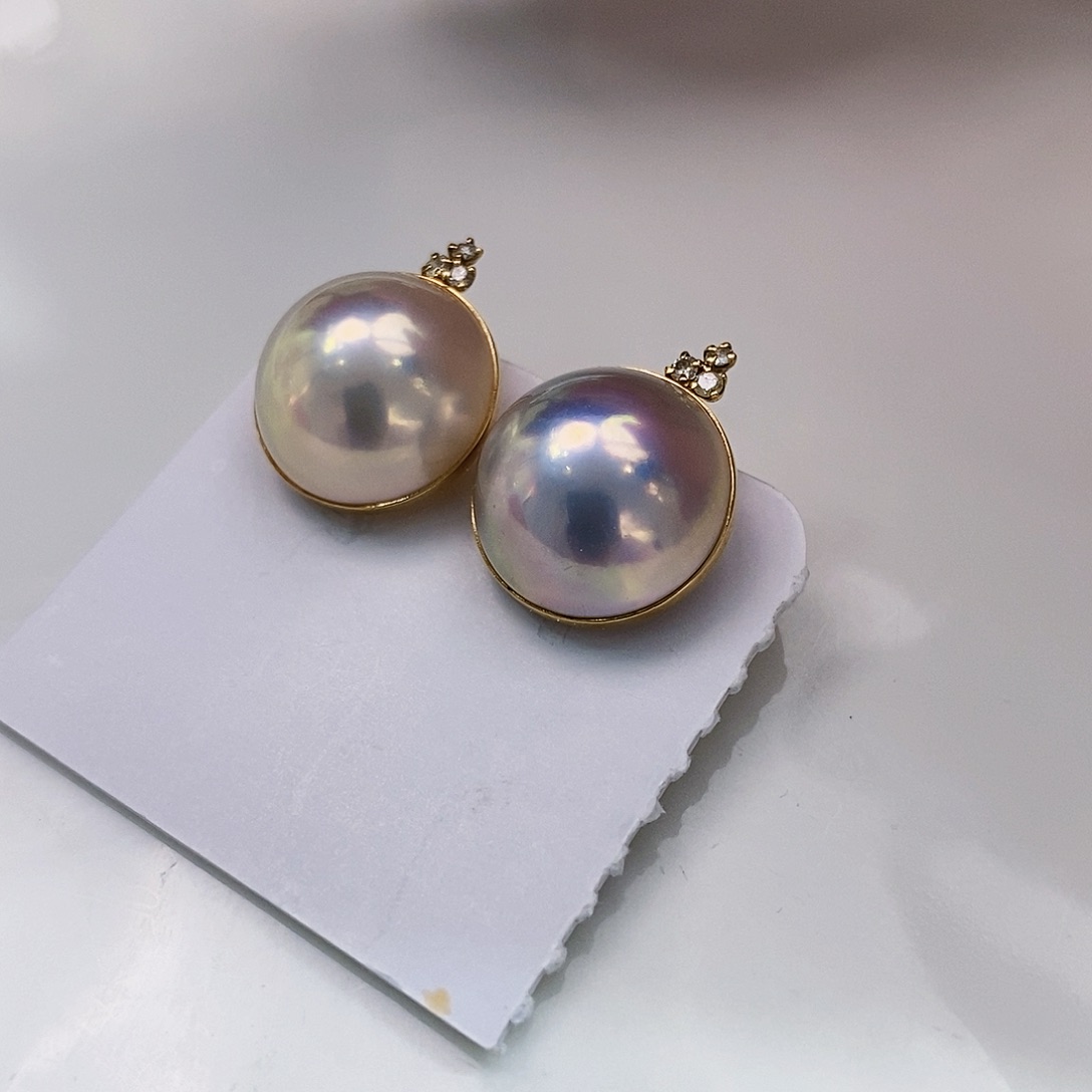 18K金镶嵌新货日本原单极光粉泡泡耳饰拼合珍珠（马贝珠）