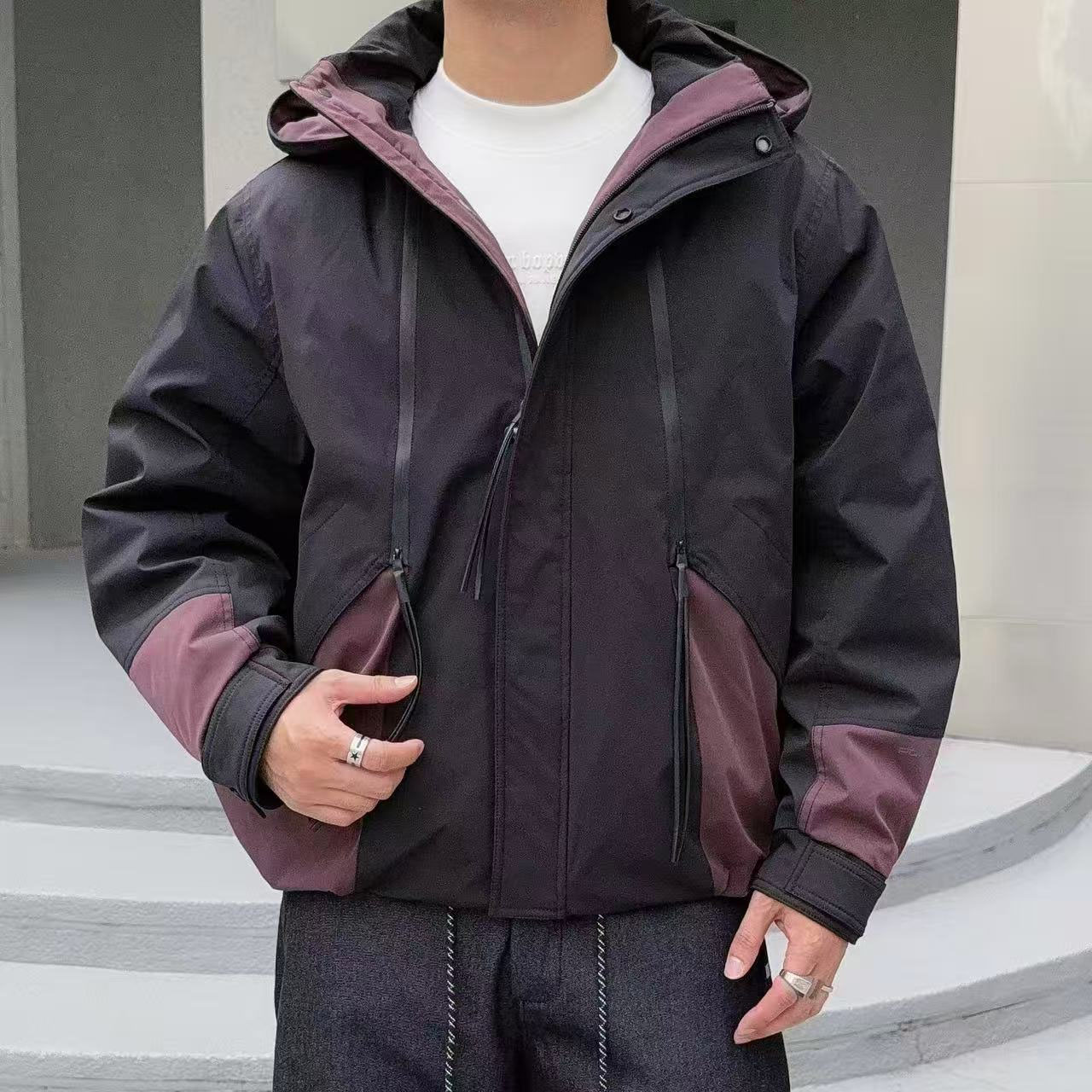 新款拼色连帽外穿保暖加厚男士时尚防风羽绒服185