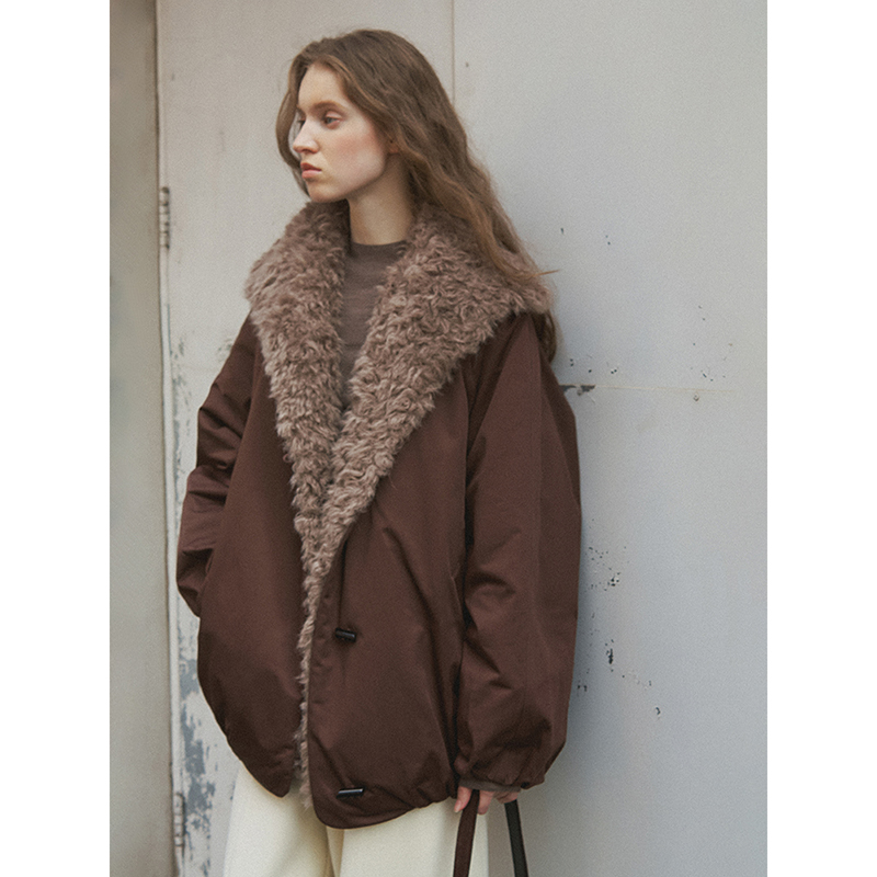 popchrio◆90白鸭绒复古花苞羽绒服环保皮草拼接工装夹克短外套女