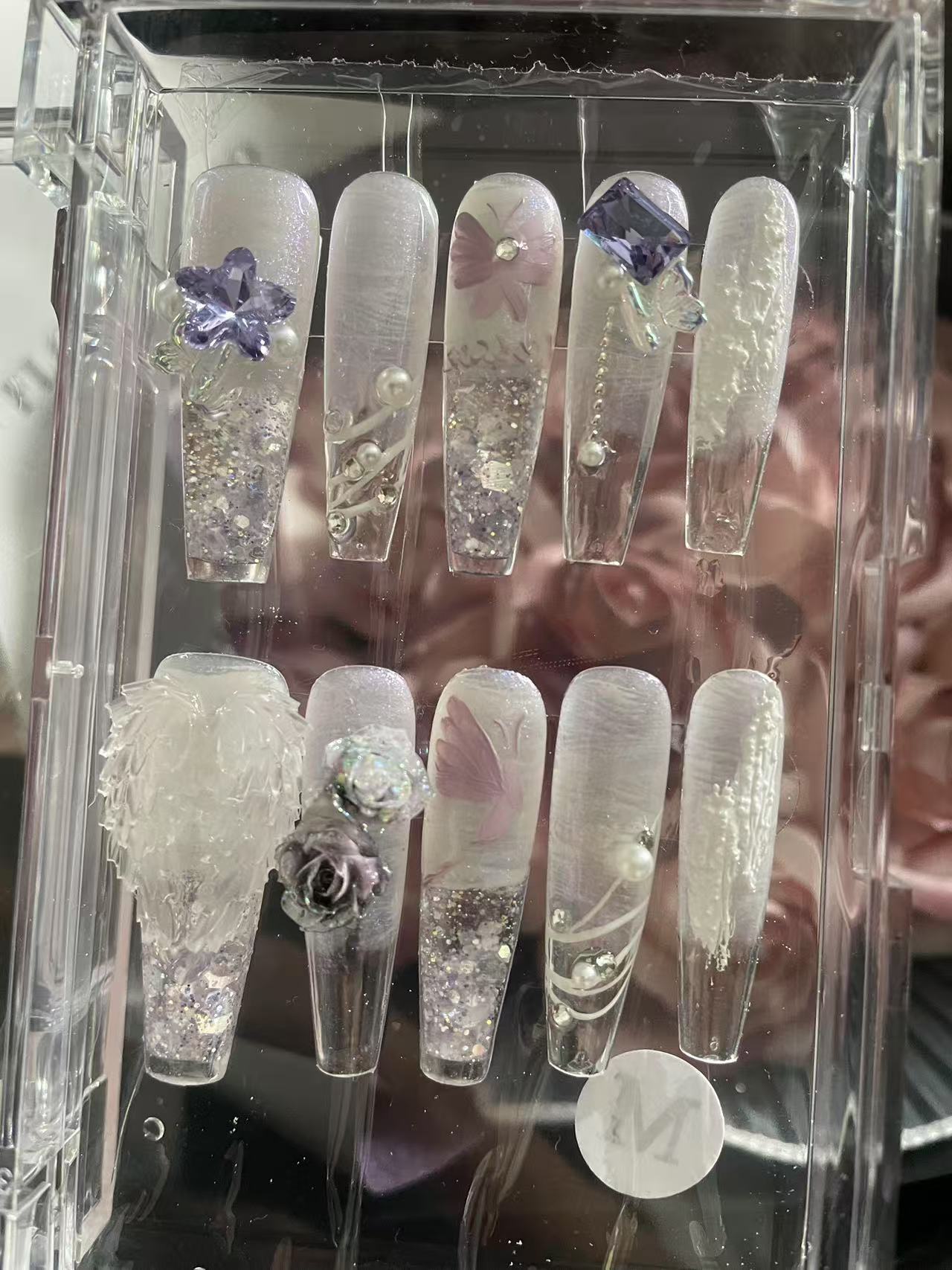 【白月光】纯手工高级定制纯手绘雕花流沙美甲穿戴甲巨显白高级感