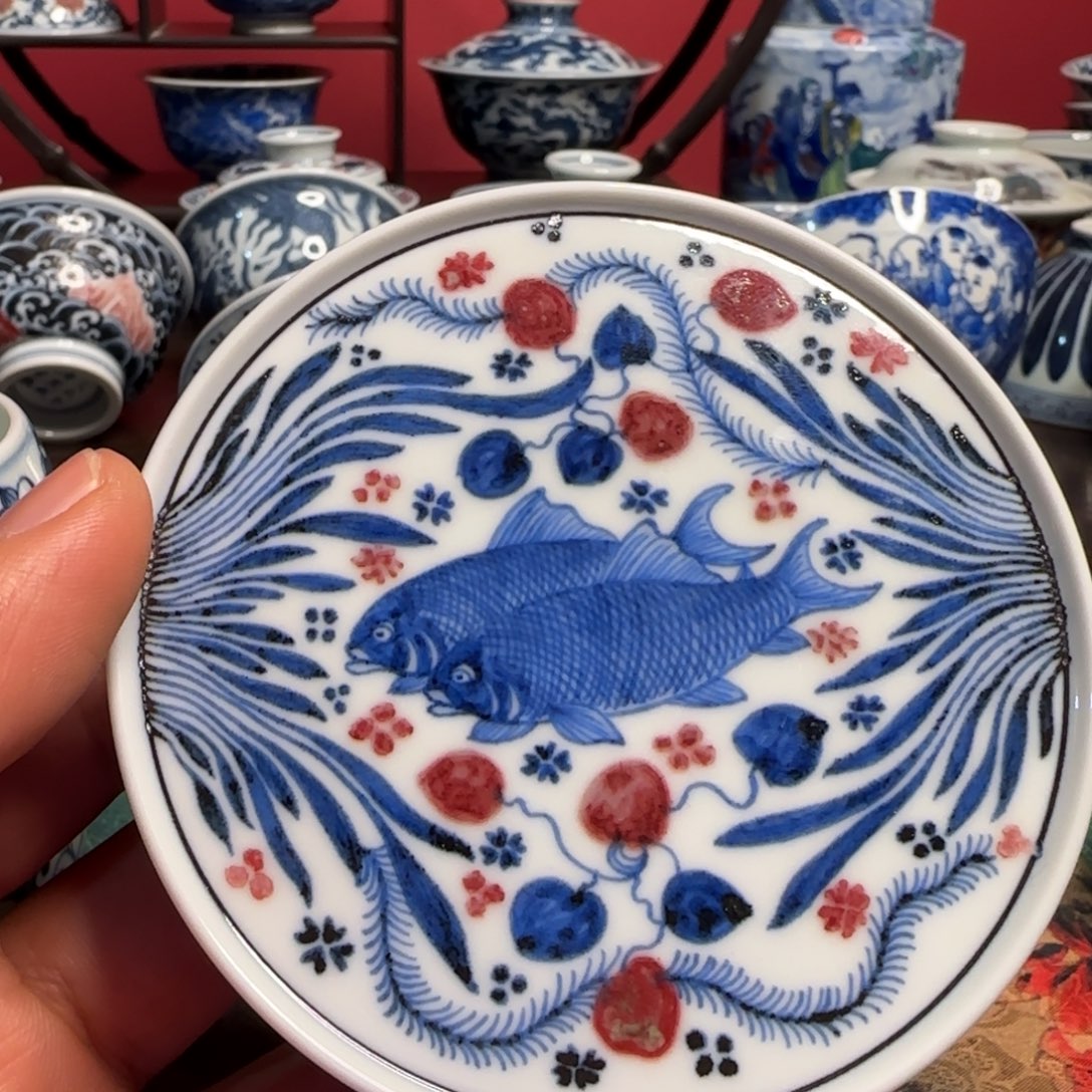 奕***晴摆件柴窑青花釉里红盖置