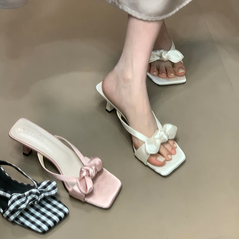 仙女风蝴蝶结凉拖鞋2025新款细跟夏季甜美高跟拖鞋女