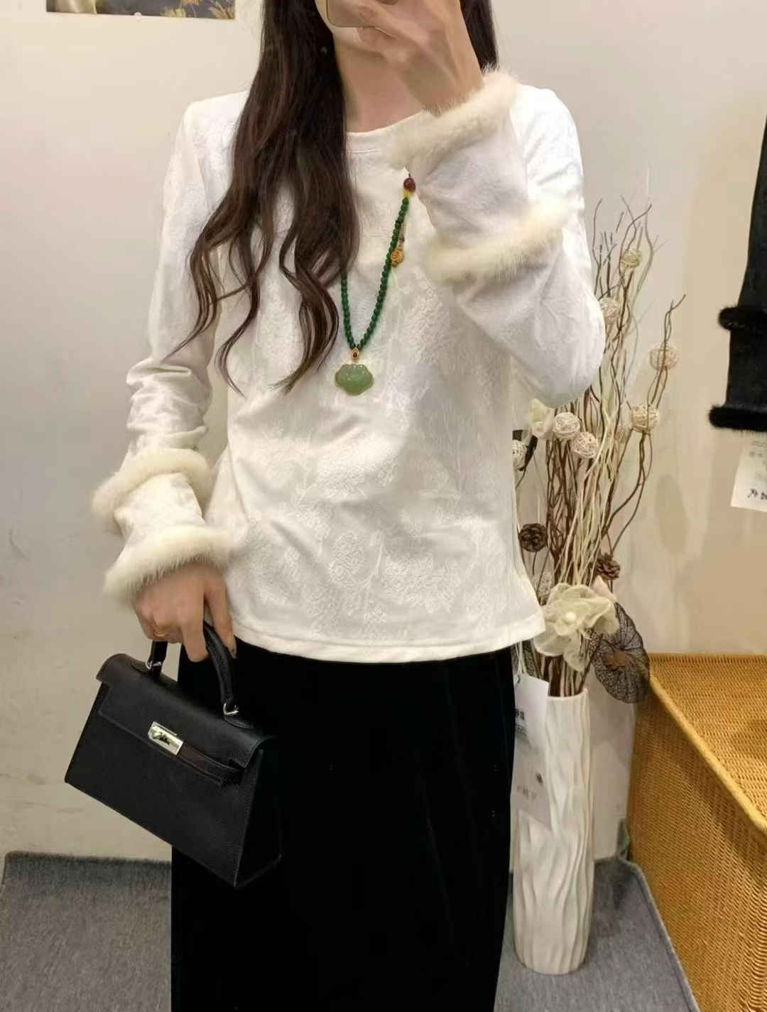 T恤修身型白色宽松拼接圆领ins长袖国风提花重工打底加棉重工刺绣