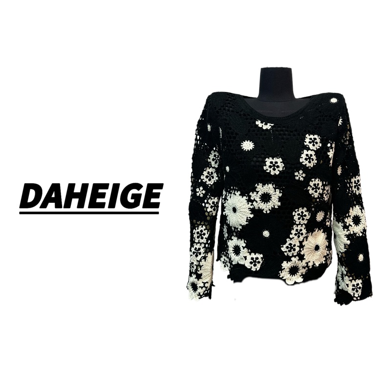 【D.hge】1047#秋季新款黑白撞色提花镂空针织衫轻奢时尚T恤上衣