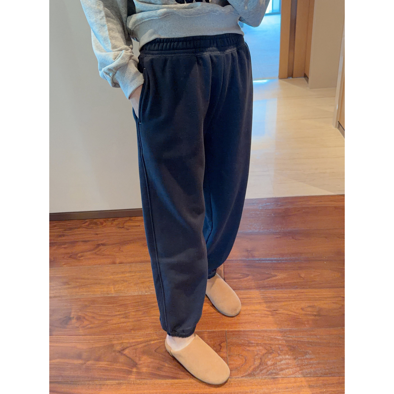 【张静芝】韩国新品~经典简约百搭厚实加绒藏蓝色松紧腰休闲裤
