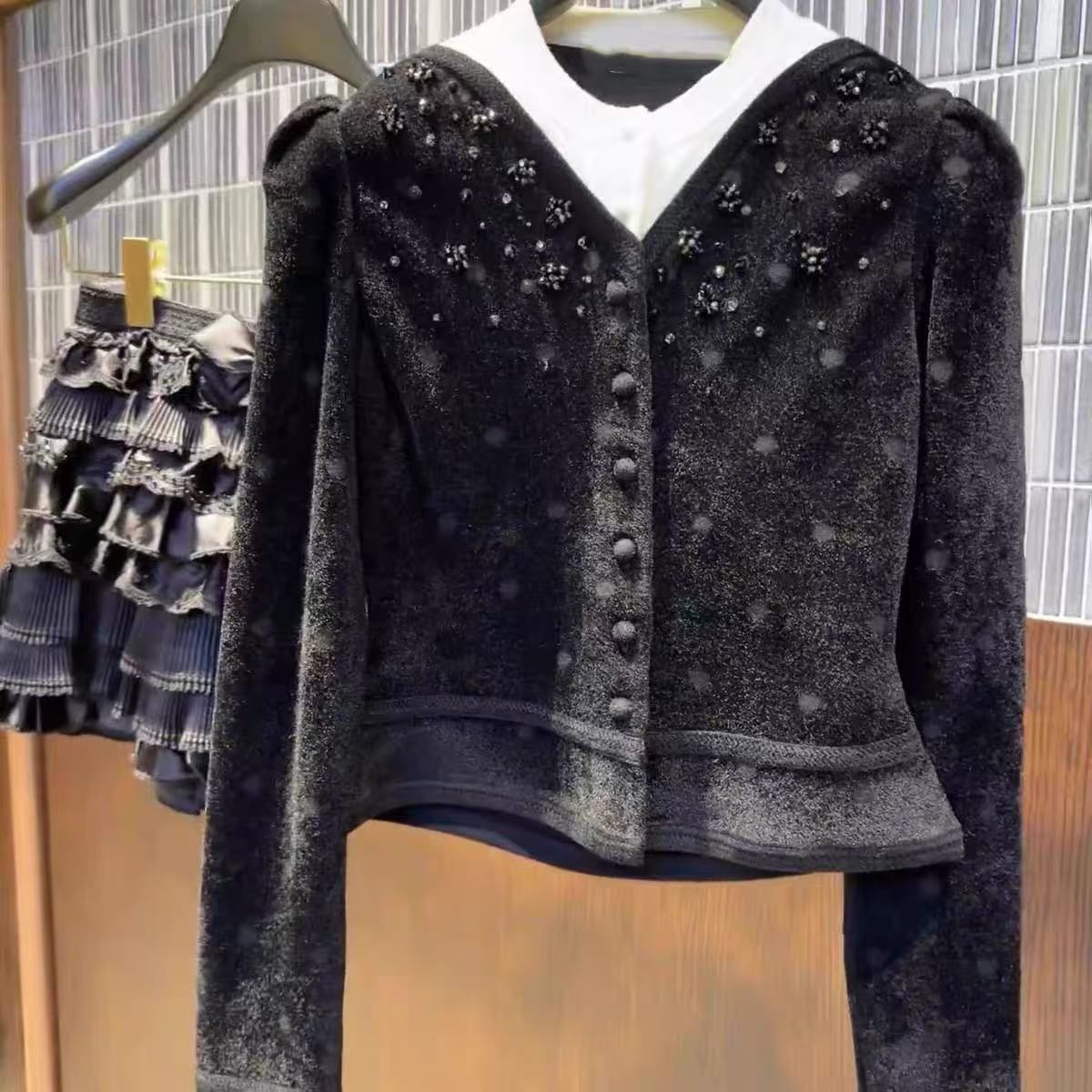 《no退no换默认微瑕》黑色复古波点假两件套针织开衫上衣