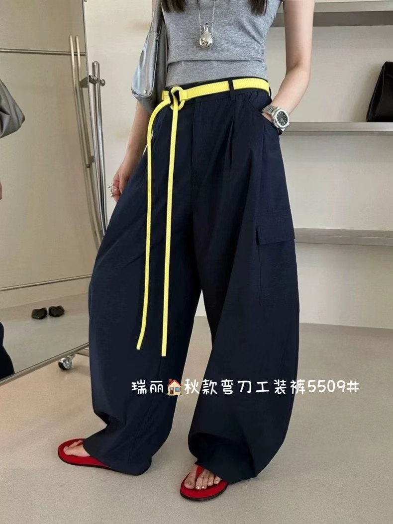 韩版时尚百搭大口袋拼接工装裤夏季宽松显瘦直筒阔腿款式