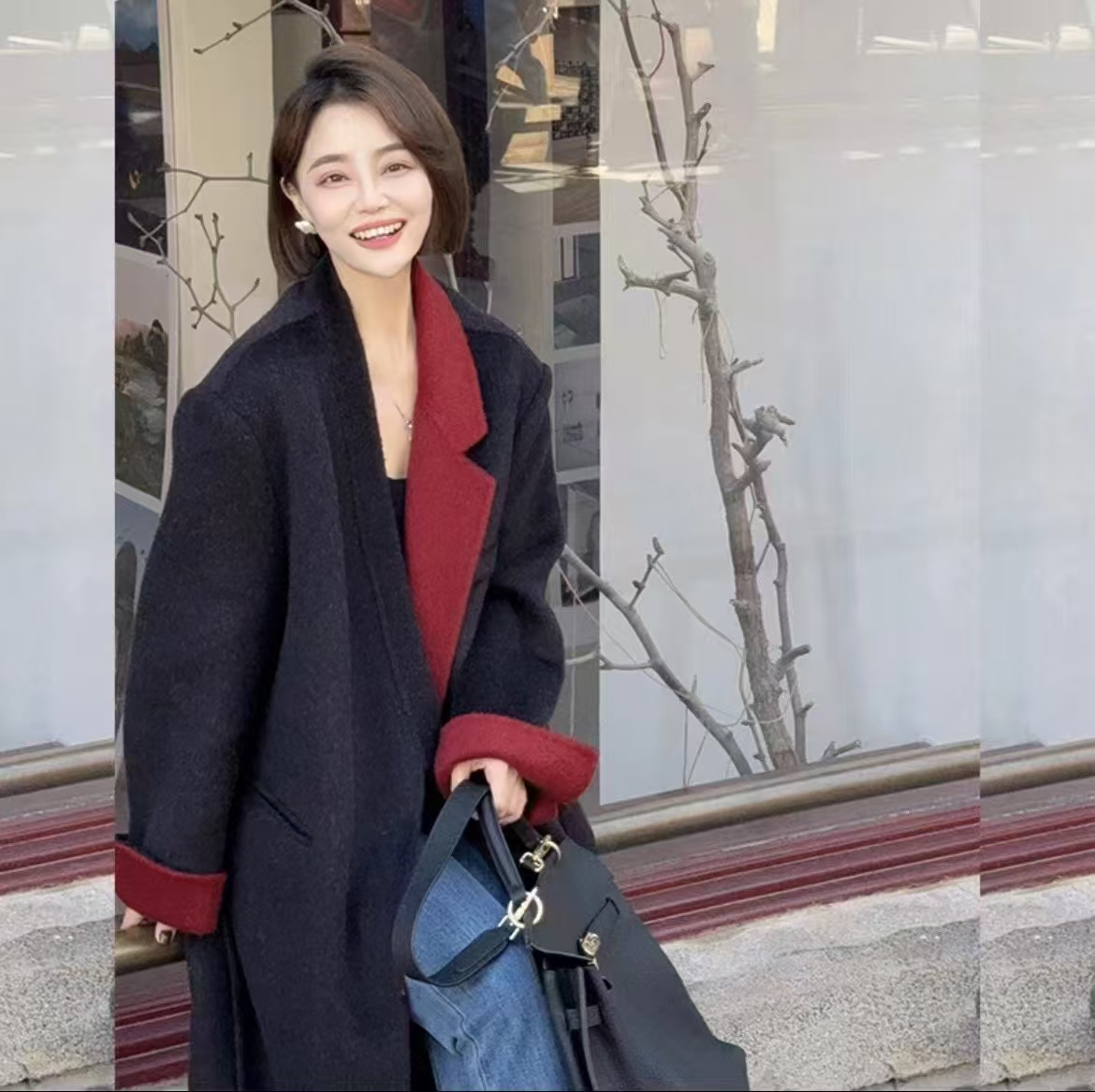 【年前清仓】双面呢加厚毛呢外套韩版时尚立领长款中长松长袖#2765