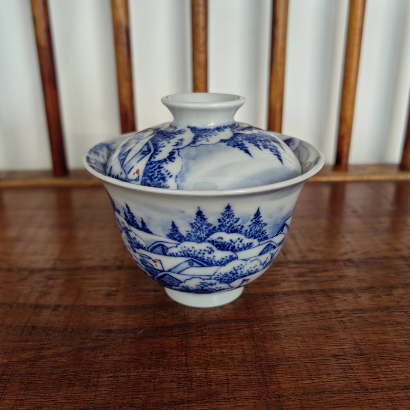 柴窑青花雪景两才盖碗 国家一级美术师刘贤涛 景德镇陶瓷手绘茶具