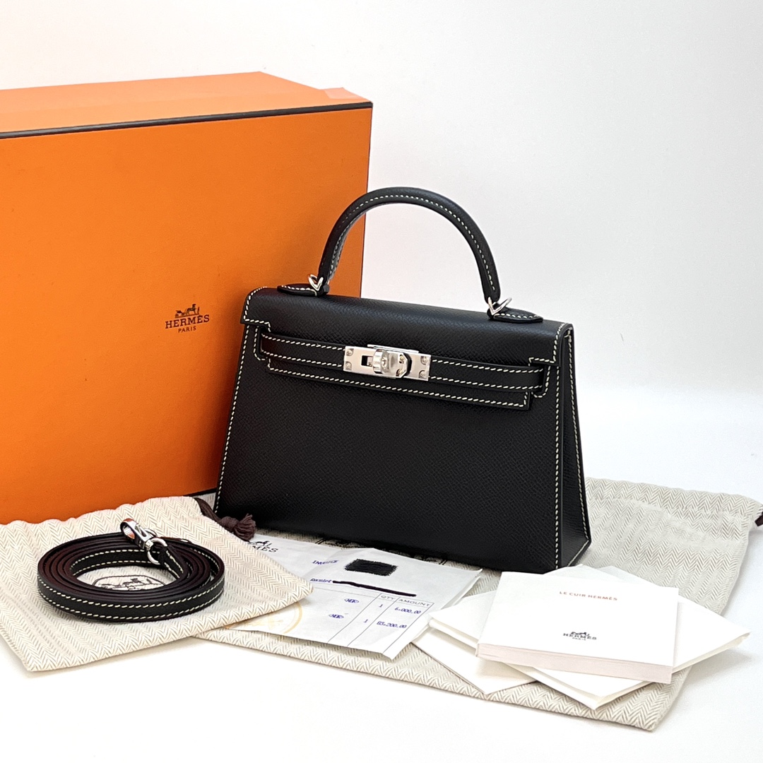 99新 Hermes/爱马仕 黑银外缝线mini kelly二代手提单肩包 43079