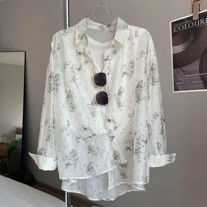 （女装）6023 新中式水墨扎染蝴蝶宽松夏季薄款防晒衬衫上衣