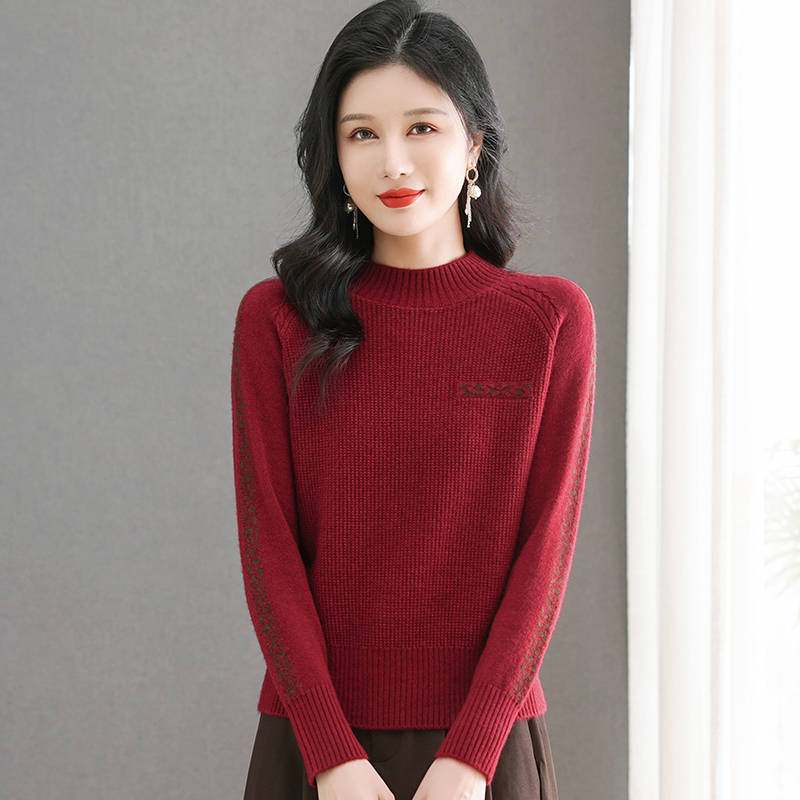 洋气花纹半高领针织衫女时尚百搭宽松加厚打底衫秋冬休闲套头毛衣