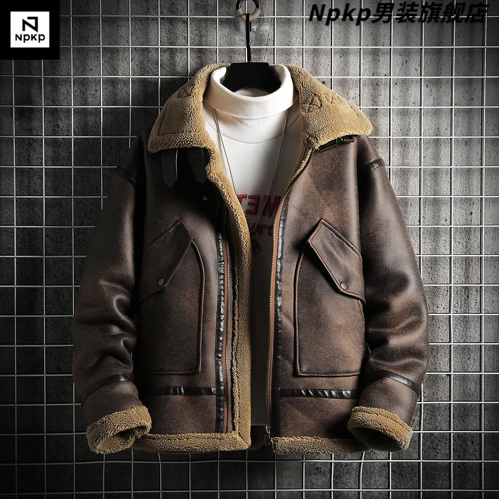皮毛一体夹克外套男士加绒加厚保暖潮牌复古潮流痞帅机车皮衣冬季