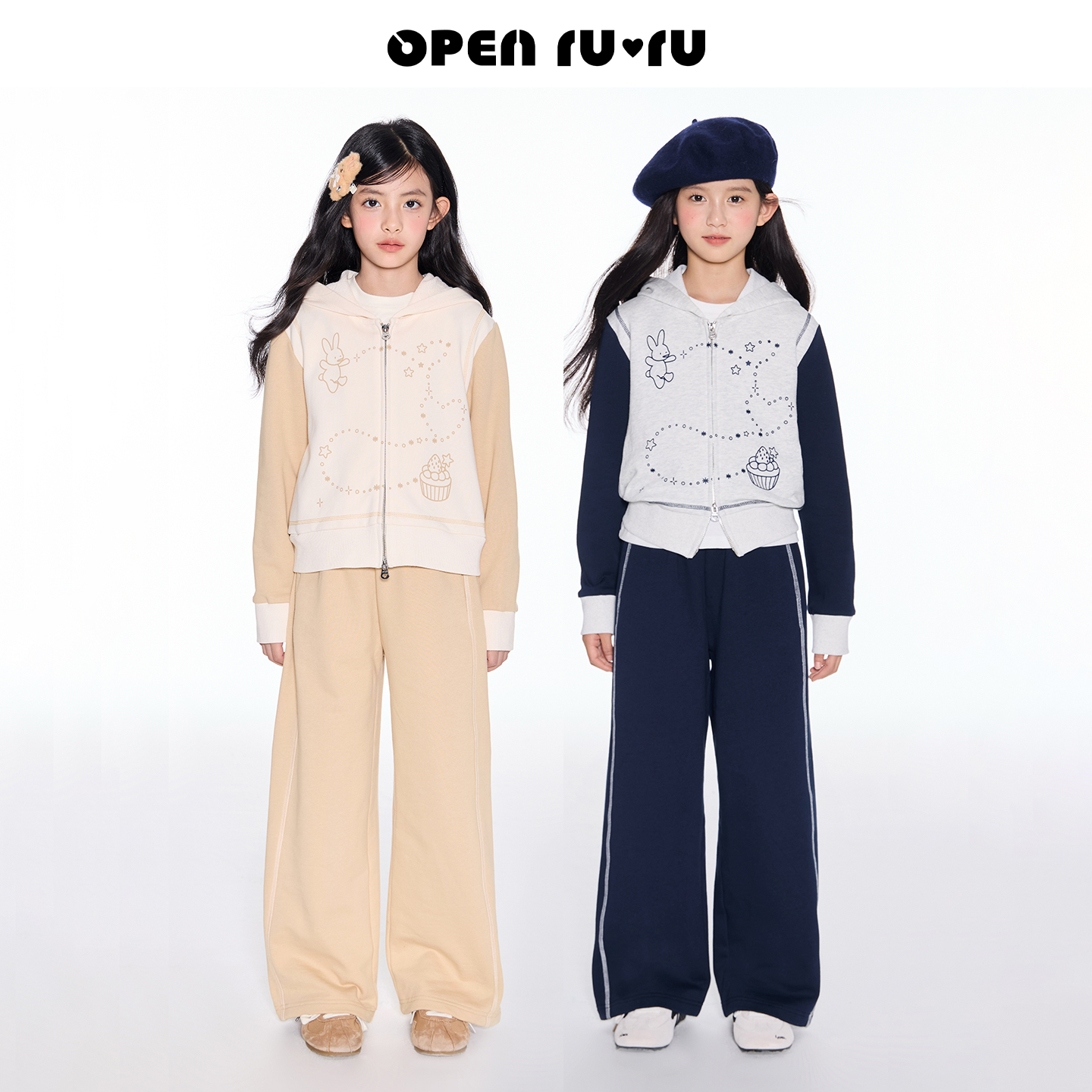 Opennunu女童两色运动套装秋季中大童兔子印花连帽卫衣宽松休闲裤
