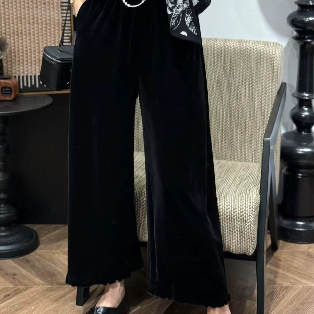 秀而高端2025早秋新款松紧腰裤脚拼花边女宽松显瘦阔腿裤亲肤透气