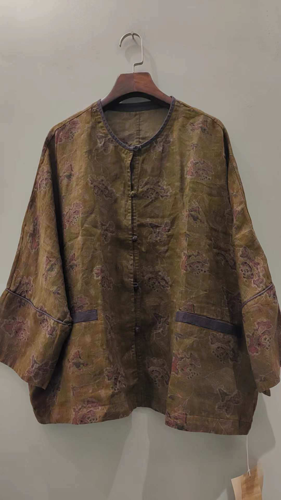 古兰木原创复古盘扣苎麻棉麻圆领花色对襟时尚长袖上衣宽松国风