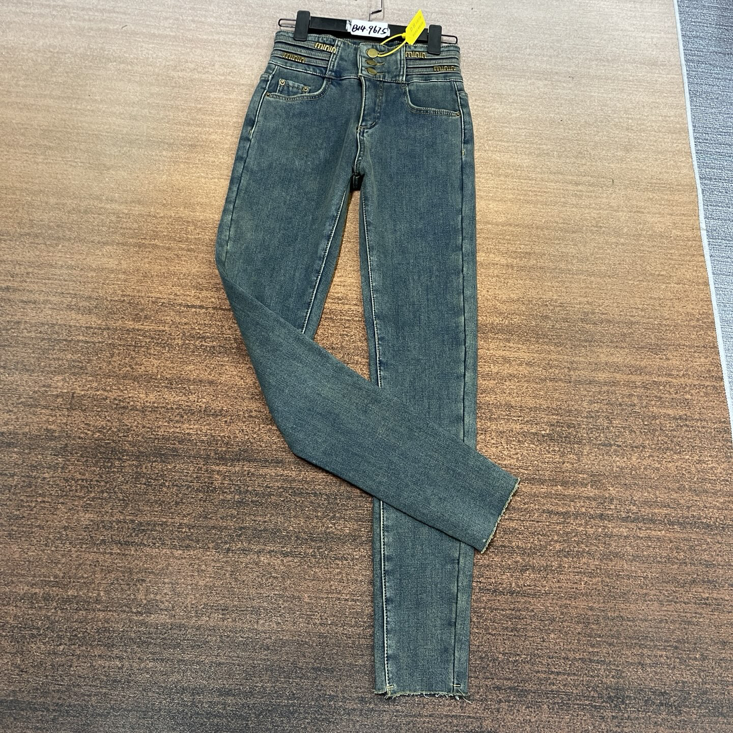 #B14-9675 加绒-厚绒 复古蓝3扣高腰毛边小脚裤 高弹（不换退）