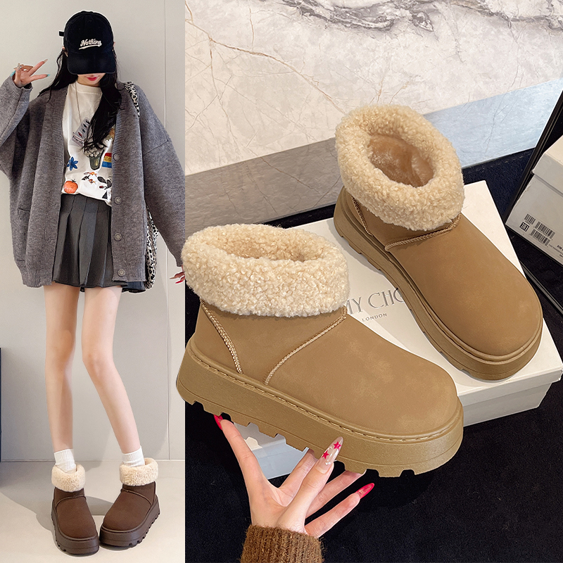 厚底皮面雪地靴女2025新款冬加绒加厚防滑防水东北大棉鞋毛毛短靴