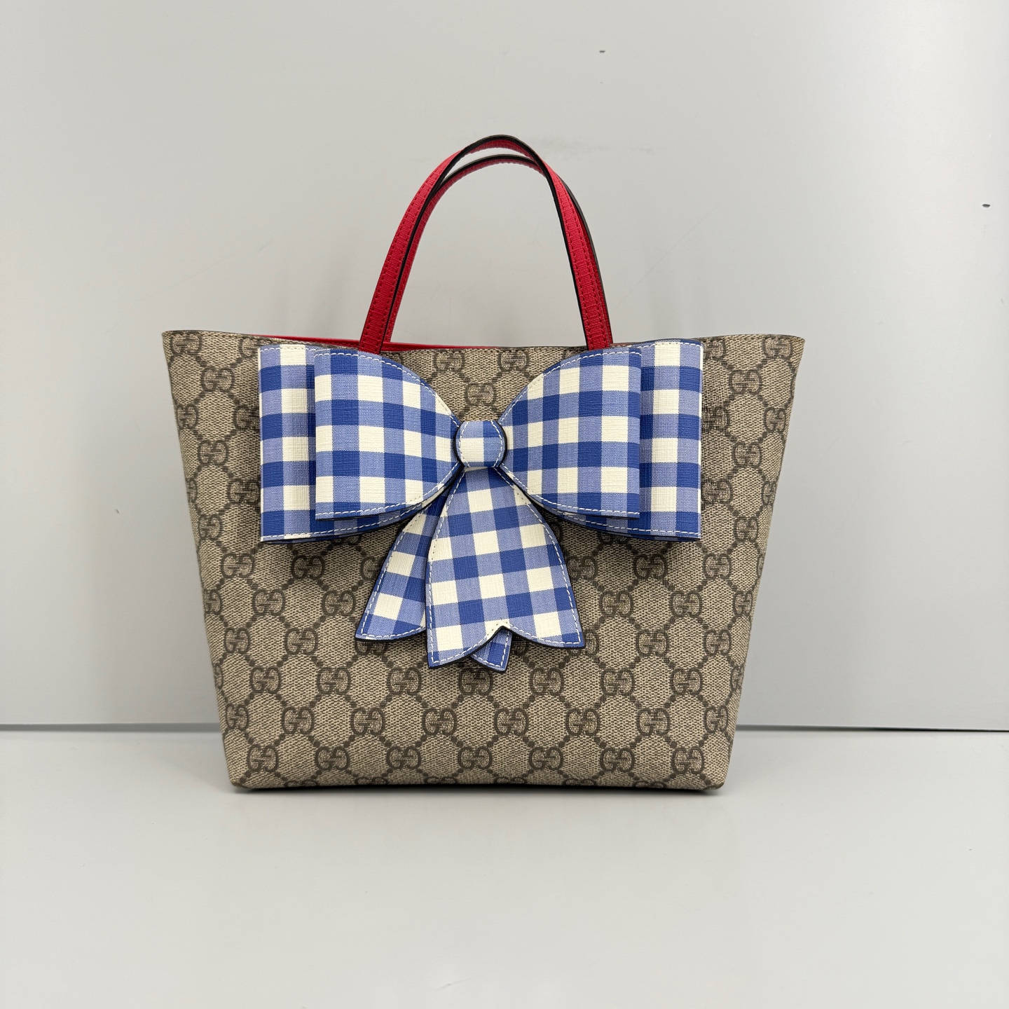 95新 GUCCI/古驰 优选/蓝格蝴蝶结老花菜篮子黑标024/20×20×10