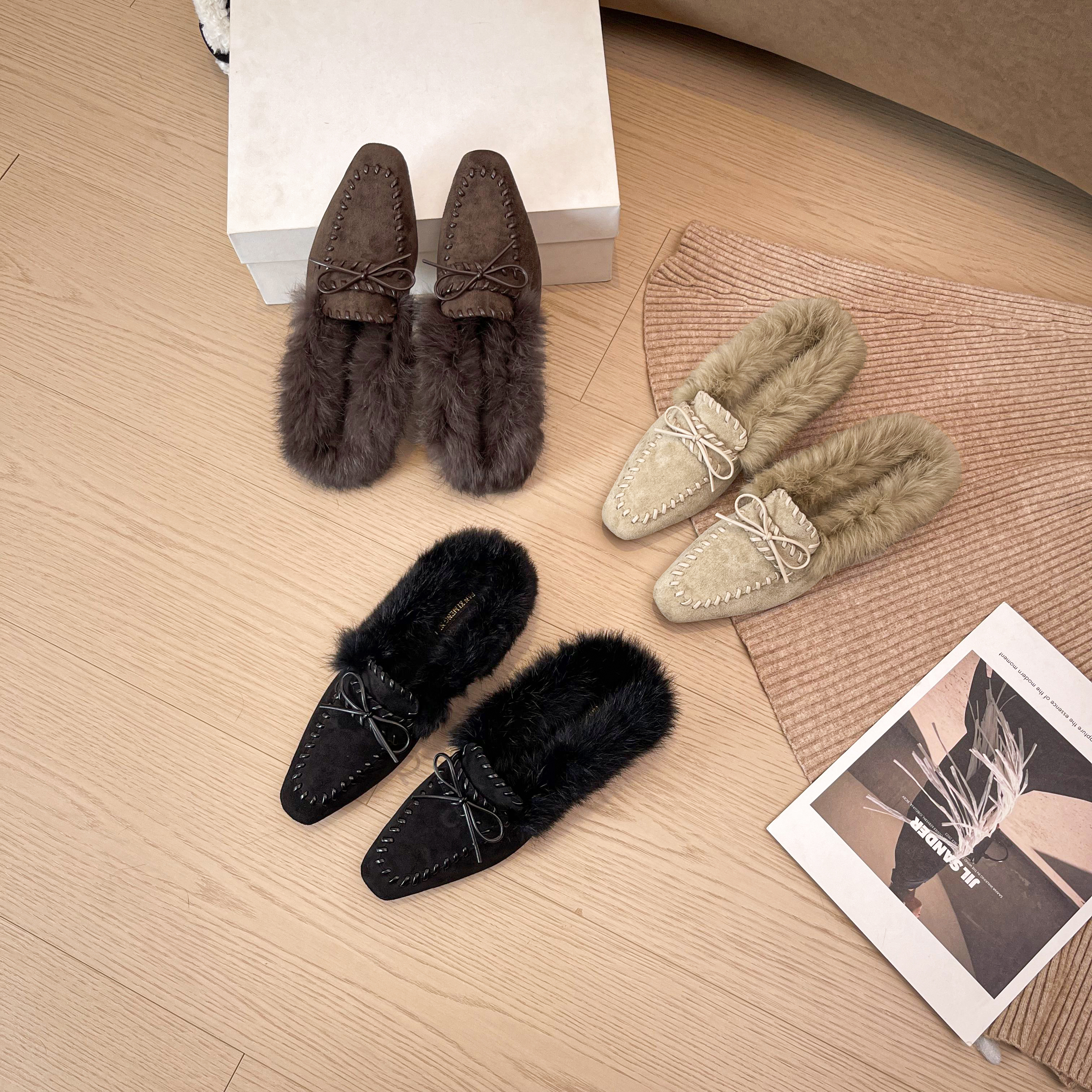 休闲风包头拖磨砂皮蝴蝶结时尚毛毛鞋春秋软底