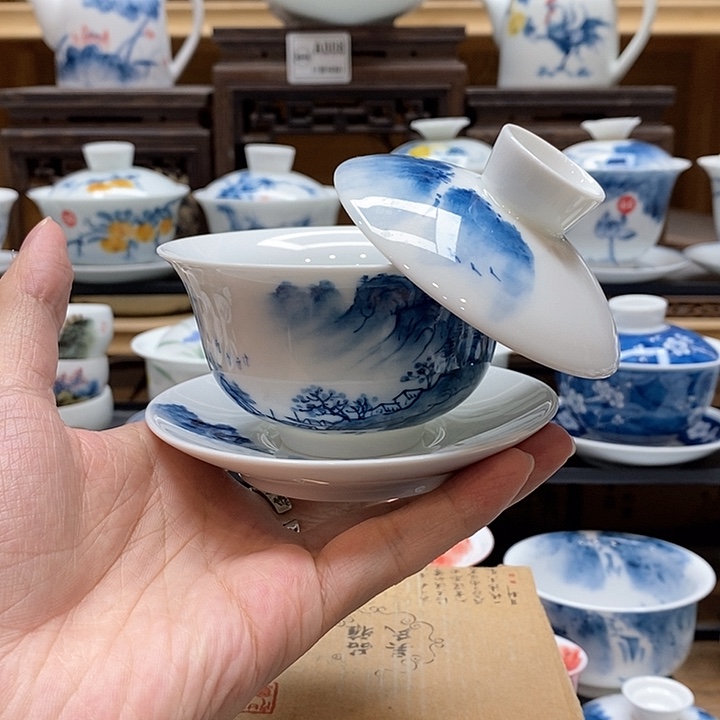 手绘烟雨江南悬停盖碗150cc釉下彩微瑕福利款