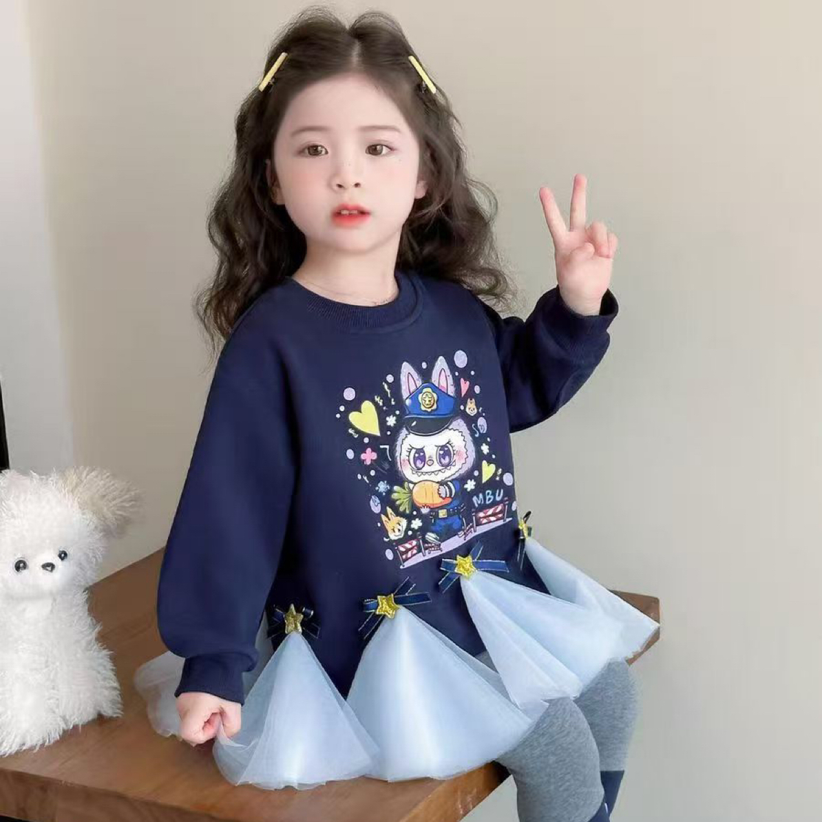 女童拉布布网纱卫衣套装秋季加绒2025新款儿童打底裤两件套