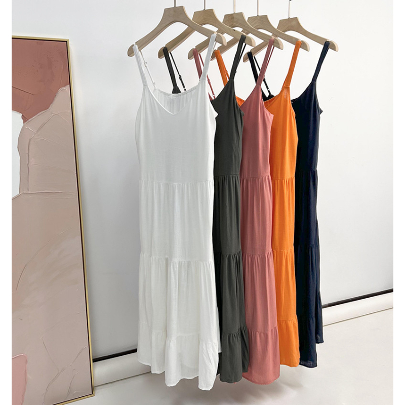出口欧美 水洗亚麻混纺V领吊带连衣裙 女