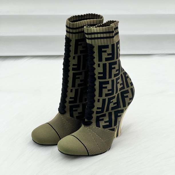 99新 FENDI/芬迪 FF  LOGO印花高跟短靴 36码 公价8.2k c7116