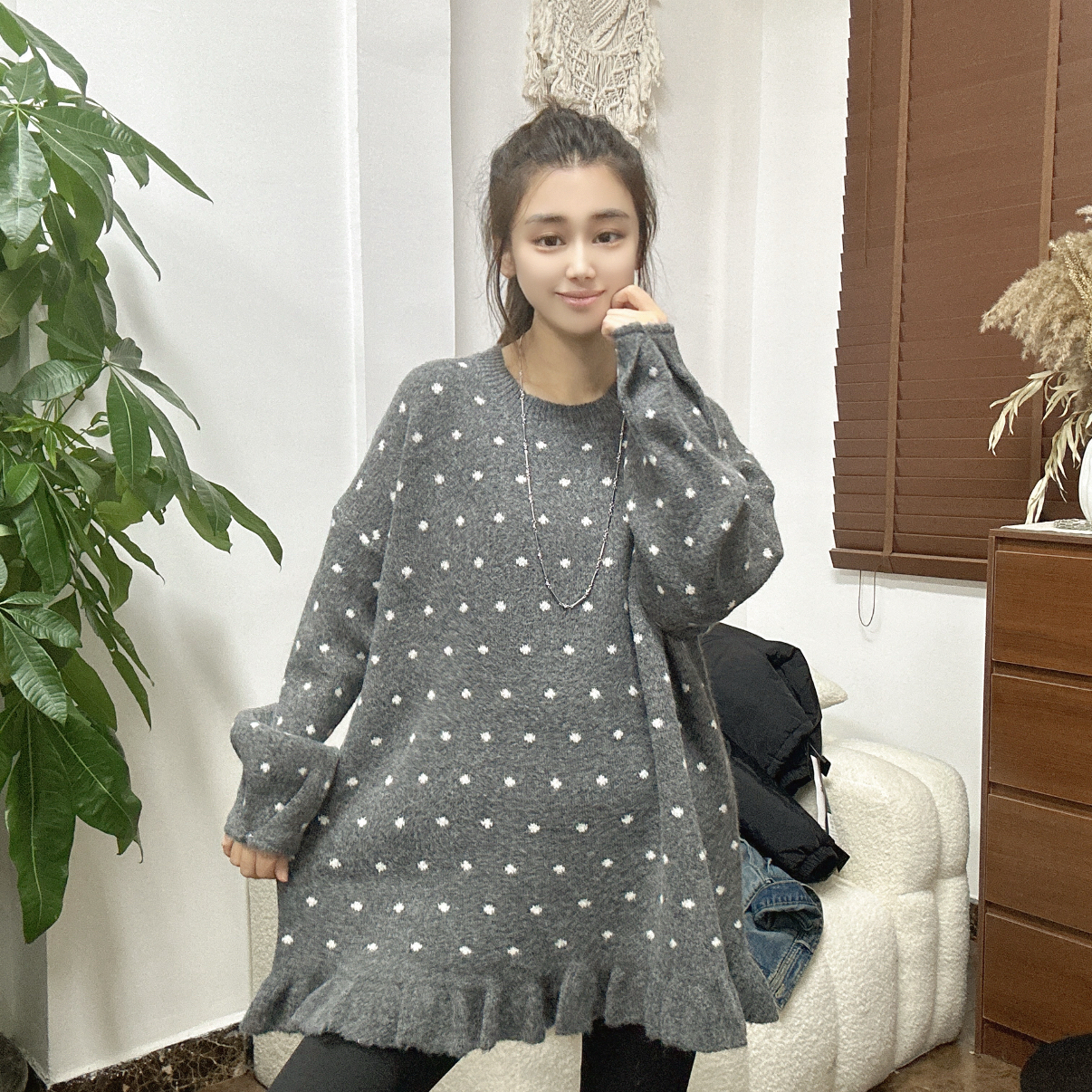 LU/鹿儿Y17欧货大版百搭简约慵懒韩版冬季新款波点鱼尾边圆领毛衣