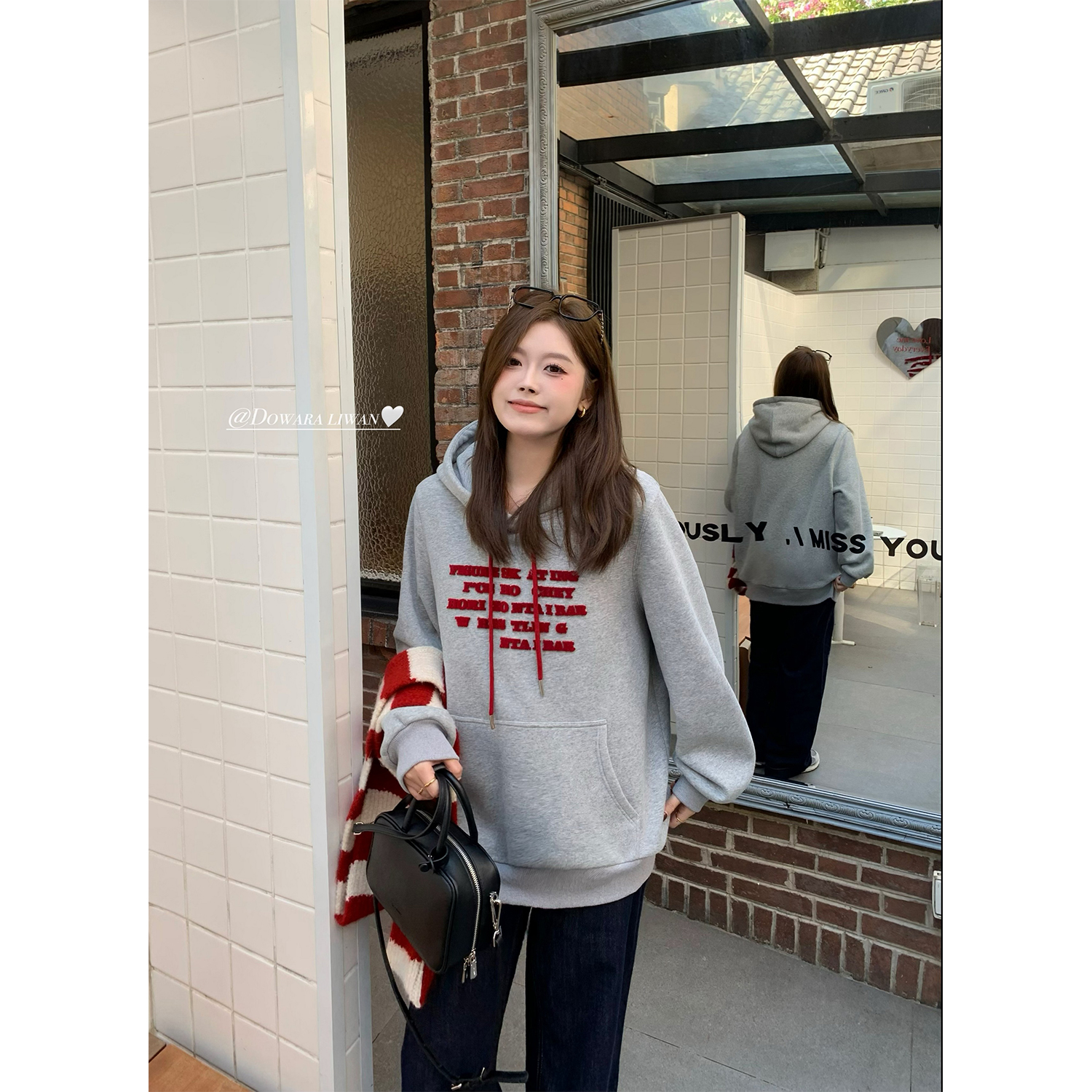 大婉酱微胖定制 连帽印花卫衣女加绒宽松显瘦花灰色上衣5756D