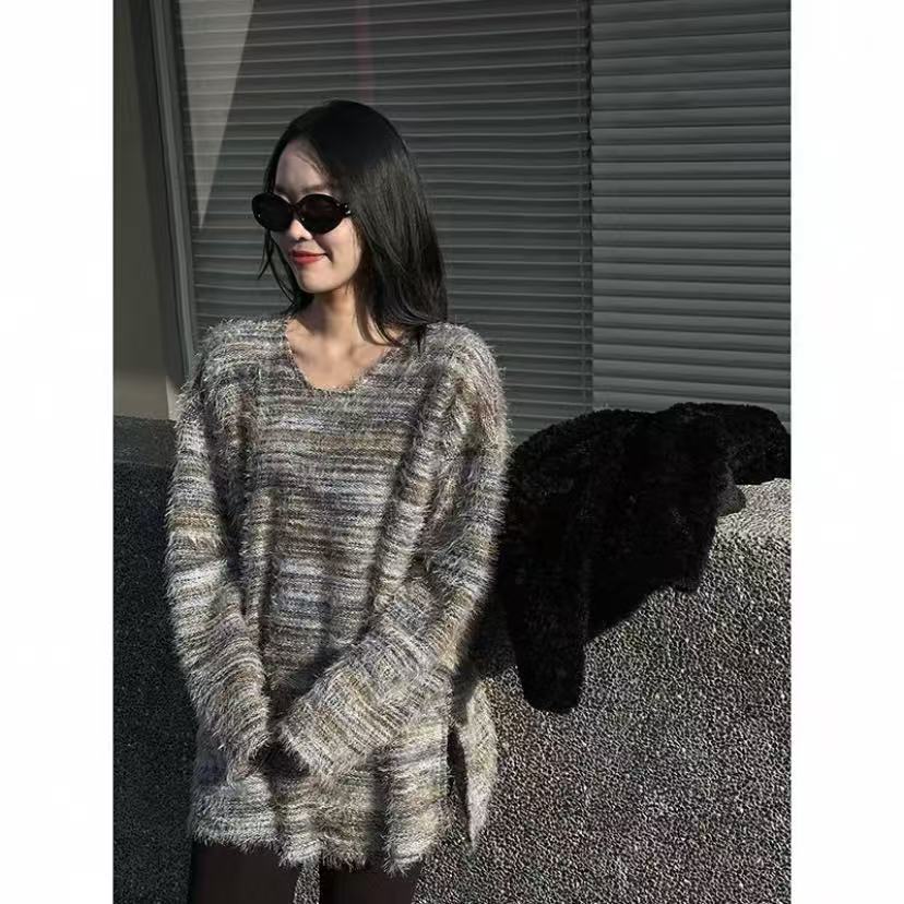 1207/3835/1100   落肩针织衫彩色上衣复古条纹针织